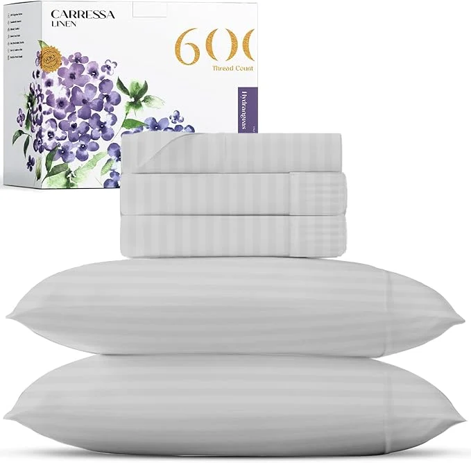 Versatile Carressa Linen Striped Split King Sheets Sets for Adjustable Bed – Egyptian Cotton 600 Thread Count 5 PC Top Split King Sheet Silver 16 quot Deep Pocket Soft Cooling Luxury Hotel Damask Sheets Reusable