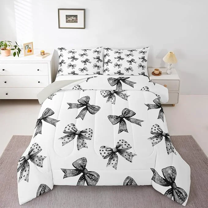 Functional Erosebridal Bow Kids Comforter Set Ribbon Black Bow Bedding Twin Size Coquette Bowknot with Dots Down Comforter Dreamy Princess Bowtie Duvet Set for Bedroom Secure