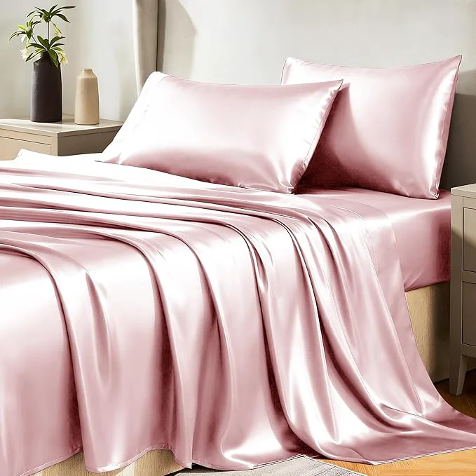 Minimalist CozyLux Satin Sheets King Size Sheet Set – 4 Piece Silky King Sheets Luxury Dirty Pink King Bed Set with Smooth and Soft Microfiber Includes 1 Fitted Sheet 1 Flat Sheet and 2 Pillowcases Next-Generation
