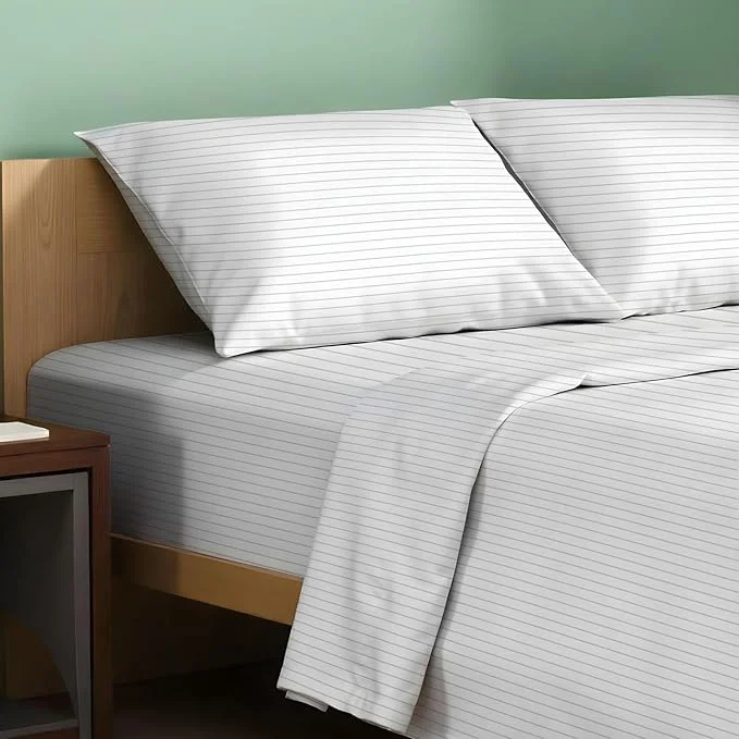 Smooth TEXAS LINEN CO. Organic Cotton Printed Sheets King Size – 4 PC Organic Cotton Percale Sheets King Set Pinstripe – Light Grey Cooling amp Breathable Sheet 16 quot Deep Pocket – GOTS Unique