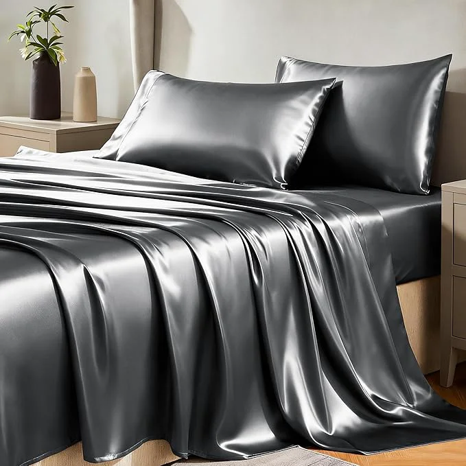 Original CozyLux Satin Sheets Queen Size Bed Set – 4 Piece Silky Queen Sheet Set Luxury Dark Grey Queen Sheets with Smooth and Soft Microfiber Includes 1 Fitted Sheet 1 Flat Sheet and 2 Pillowcases Outstanding