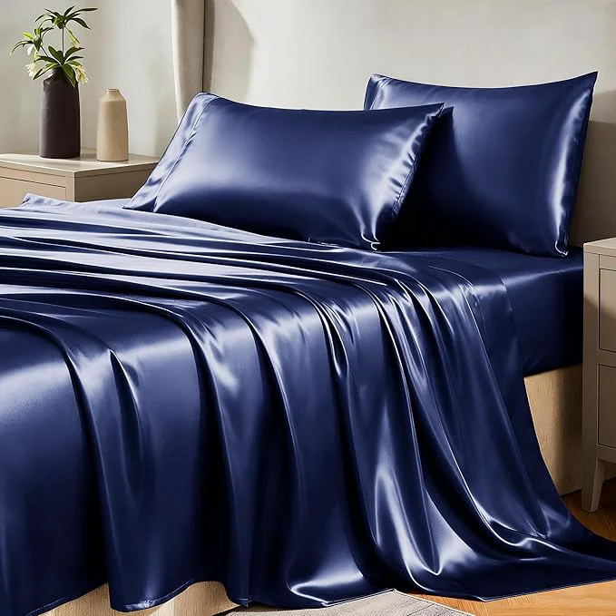 Dependable CozyLux Satin Sheets Full Size Sheets – 4 Piece Silky Full Size Bed Sheets Luxury Navy Blue Full Bed Set with Smooth and Soft Microfiber Includes 1 Fitted Sheet 1 Flat Sheet and 2 Pillowcases Lightweight