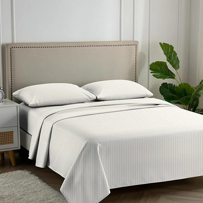 Efficient Carressa Linen Luxury Egyptian Cotton Queen Stripe Sheet Set 600 Thread Count Extra Long Staple 4 PC Set Queen Damask Sheets Soft Cooling Sateen Weave Sheets Upto 18 quot Deep Pocket – Ivory Elite