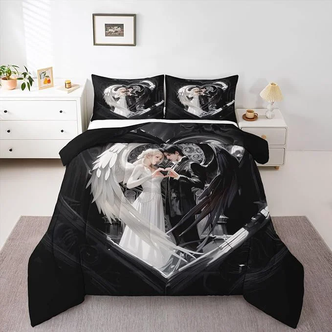 First-Class Erosebridal Angel Wings Kids Bedding Black and White Angel Comforter Sets King Romance Love Comforter Princess Fairy Style Duvet Insert with 2 Pillow Cases Relaxed