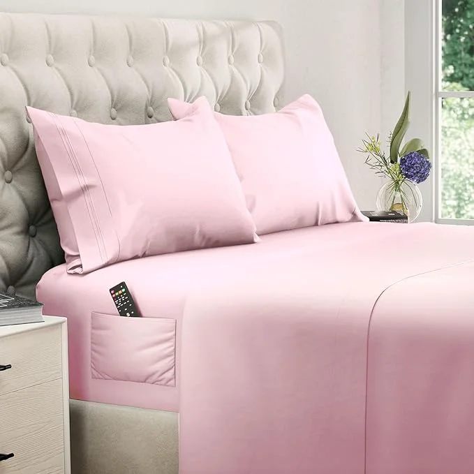 Flexible DREAMCARE King Size Sheets Set – Cooling Bed Sheets – 4pcs Set – up to 15 quot Deep Pocket King Sheet Set – Soft amp Long Lasting Cooling – Fine Brushed Polyester with Side Pocket Pink Natural