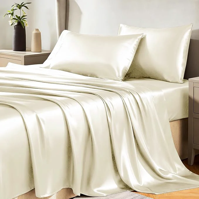 Green CozyLux Satin Sheets Queen Size Bed Set – 4 Piece Silky Queen Sheet Set Luxury Cream Queen Sheets with Smooth and Soft Microfiber Includes 1 Fitted Sheet 1 Flat Sheet and 2 Pillowcases Original Design
