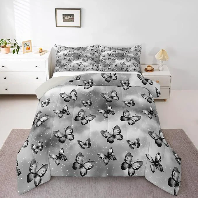 Exclusive Erosebridal Butterfly Bedding Sets Full – Dreamy Coquette Comforter Set for Kids Adults Watercolor Gradient Grey Butterfly Duvet Insert Galaxy Stars Print Quilt Selected