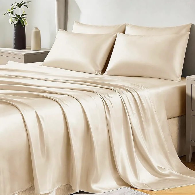 CozyLux Satin Sheets Full Size Sheets – 6 Piece Silky Full Size Bed Sheets Luxury Champagne Full Bed Set with Smooth and Soft Microfiber Includes 1 Fitted Sheet 1 Flat Sheet and 4 Pillowcases