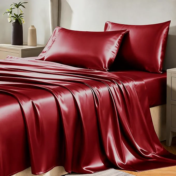 First-Class CozyLux Satin Sheets Twin Sheet Set – 3 Piece Silky Twin Bed Sheets Luxury Burgundy Sheet Twin Size Bed Set with Smooth and Soft Microfiber Includes 1 Fitted Sheet 1 Flat Sheet and 1 Pillowcase Optimized
