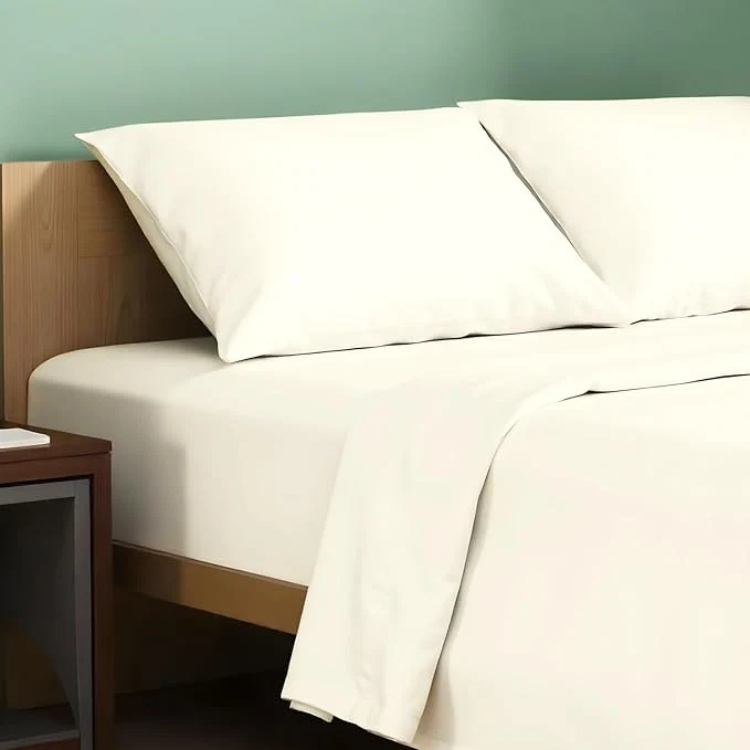 Durable TEXAS LINEN CO. Organic Cotton Percale Sheets – California King Size 4 Piece Set Crisp Cooling 16 quot Deep Pocket – Ivory Excellent