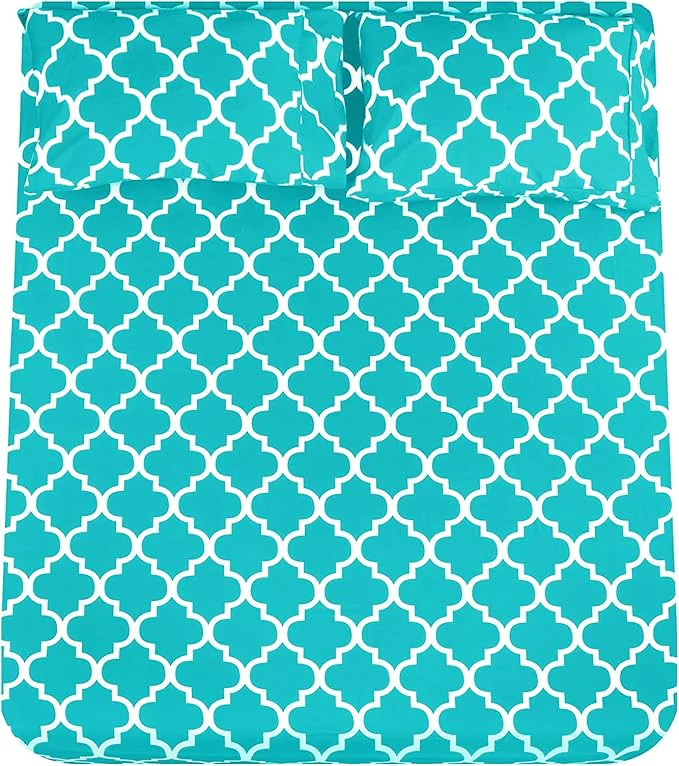 Functional Mejoroom Full Bed Sheet Set – Super Soft Brushed Microfiber 1800 Thread Count Sheets with 16 inch Deep Pocket – Wrinkle – 4 Piece Full Aqua Quatrefoil with White Pattern Breathable