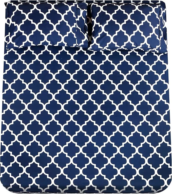 Fine Mejoroom King Bed Sheet Set – Super Soft Brushed Microfiber 1800 Thread Count King Sheets with 15 inch Deep Pocket – Wrinkle – 4 Piece King Navy Quatrefoil with White Pattern Luxury