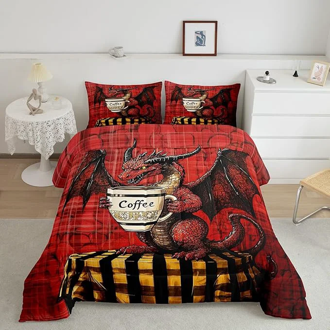 Safe Feelyou Dragon Comforter Set King Size Dragon Stuff Comforter for Boys Girls Teens Wild Life Bedding Set Coffee Duvet Set Room Decor Red Quilt Set Traditional