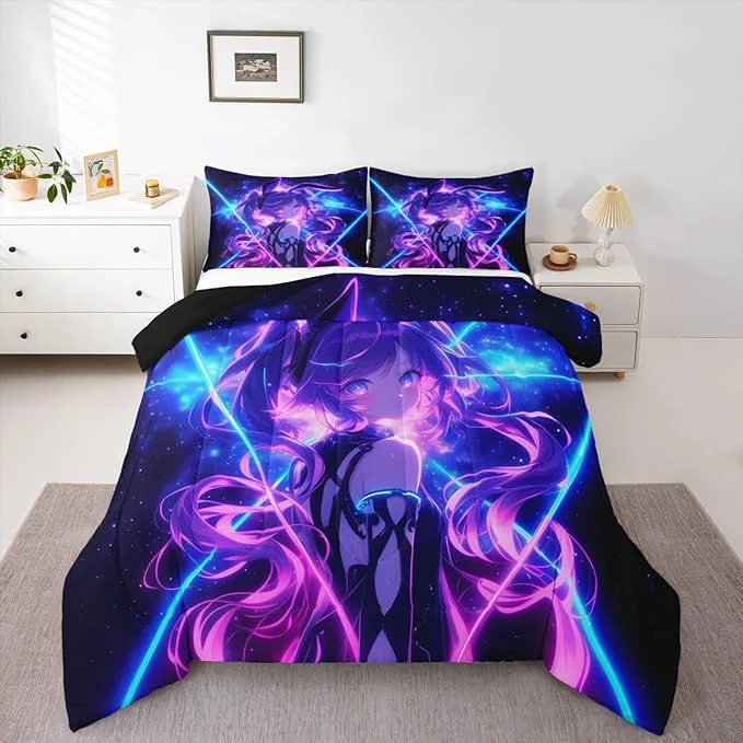 Luxury Erosebridal 3D Anime Kids Bedding Japanese Girl Queen Comforter Sets Girly Galaxy Stars Comforter Purple Neon Duvet Insert with 2 Pillow Cases Next-Generation