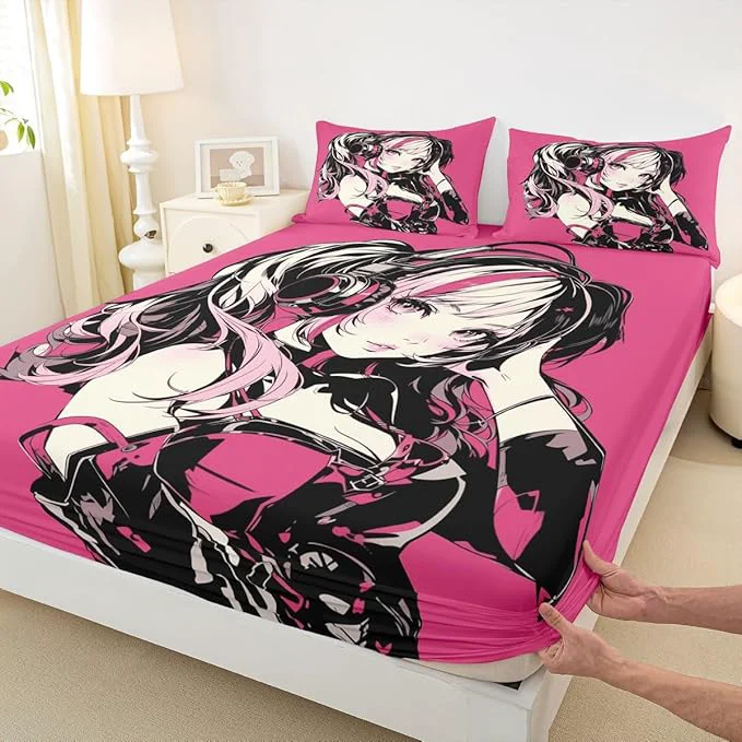 Eco-Friendly Pink Anime Girls Bedding Set Cartoon Japanes-Style Fitted Sheet Full Graffiti Street Culture Bed Sheets for Kids Teens Youth Watercolor Hippie Style Sheets 3Pcs No Top Sheet Enhanced