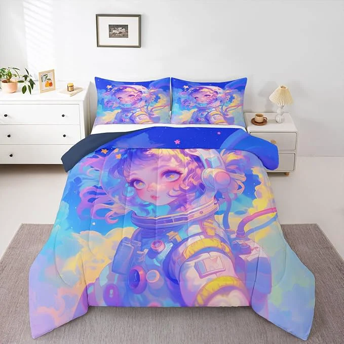 Green Erosebridal Watercolor Anime Girl Bedding 3D Anime Comforter Set Cosmo Galaxy Sci-Fi Virtual ity Queen Bed Comforter Set for Boys Girls Graffti Stars Print Duvet Insert Dependable