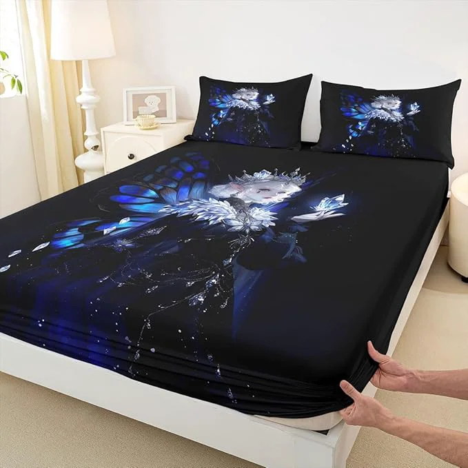 Official Erosebridal Gothic Girls Fitted Sheet for Boys Girls Kids A Girl Wearing A Crown Queen Bed Sheets Butterfly Diamond Feather Print Sheets Coquette Princess Bedding Sets No Top Sheet Eco-Friendly