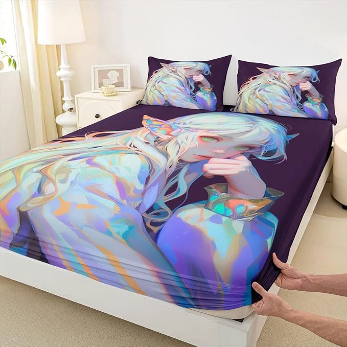 Green Anime Girl Bed Sheets 3D Japanese Bedding Set Kawaii Girly Fitted Sheet with Deep Pocket Anime Lovers Gifts Fitted Bed Sheets Soft Lightweight Sheets for All Season Full 3Pcs Optimized