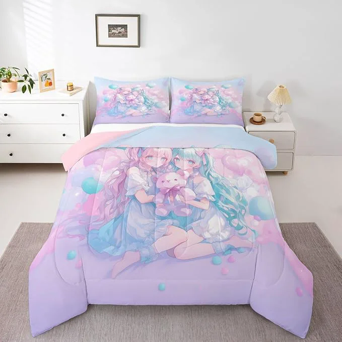 High-Quality Erosebridal Anime Girl Kids Bedding Girly Friendship Queen Comforter Sets Fantasy Dreamy Girls Comforter Romance Ballons Duvet Insert with 2 Pillow Cases Casual