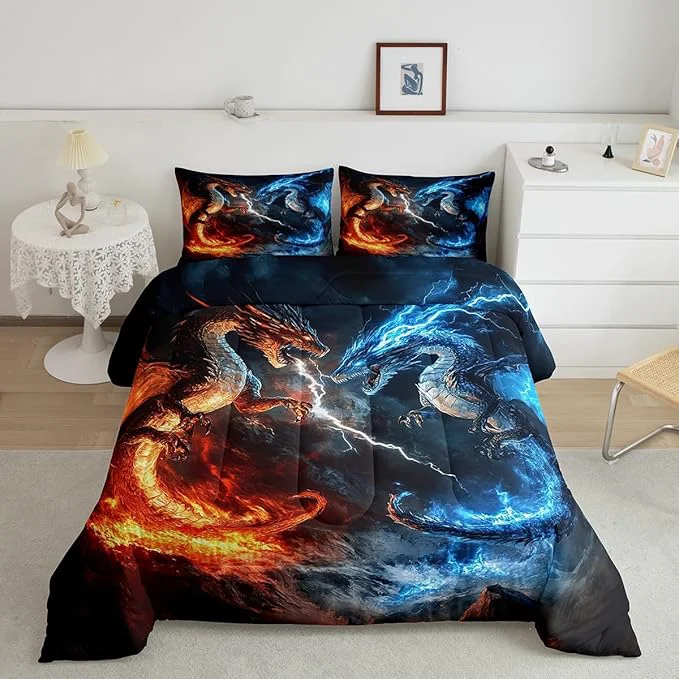 Outstanding Feelyou Dragon Comforter Set King Size Dragon Stuff Comforter for Boys Girls Teens Wild Life Bedding Set Thunder and Lightning Duvet Set Room Decor Blue Orange Quilt Set Natural