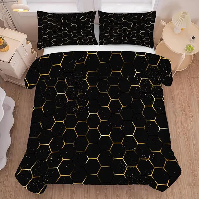 Enhanced Black and Gold Comforter Set Full Queen Size Geometric Honeycomb Bedding for Girls Boys Women Bedroom Decor Quilt Bed Sets 1 Comforter 2 Pillowcases Superior