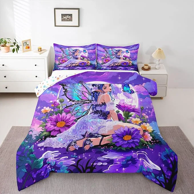 Specialty Erosebridal Fairy Girl Bedding Sets Full – Flower Fairytale Comforter Set for Kids Adults Blue Butterfly Floral Decor Duvet Insert Purple Galaxy Moon Quilt Pure