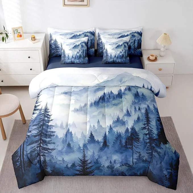Trusted Erosebridal Blue Misty Forest Full Bedding Set 7 Piece Mountain Foggy Woodland Bed in A Bag with Sheets Rustic Pine Tree Comforter Set for Kids Adults Watercolor Nature Theme Bed Sets Specialty