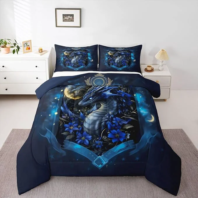 High-End Feelyou Dragon Bedding Set Soft for Boys Girls Wild Life Comforter Set Toddler Size Jungle Dragon Duvet Quilt Microfiber Wild Animal Bedroom Decor Dull Blue 2 Pcs with 1 Pillow Cases Selected
