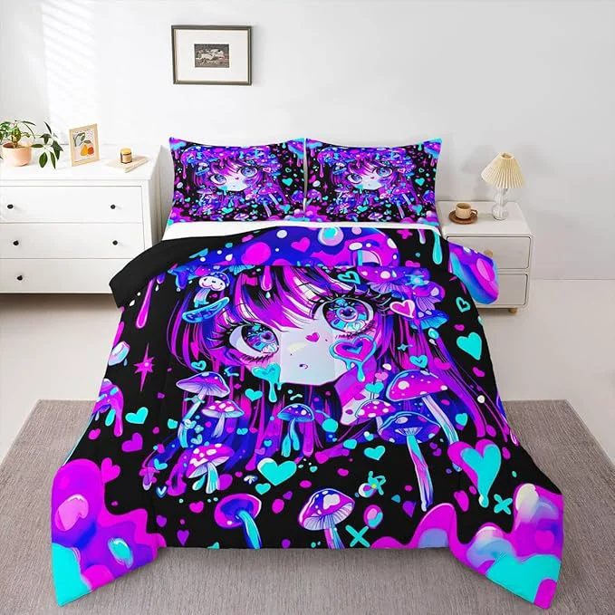 Fine Erosebridal Japanese Girl Bedding Queen Cartoon Girly Comforter Set 3D Anime Gifts Bed Sets Colorful Graffiti Print Duvet Insert 3 Pieces Enhanced