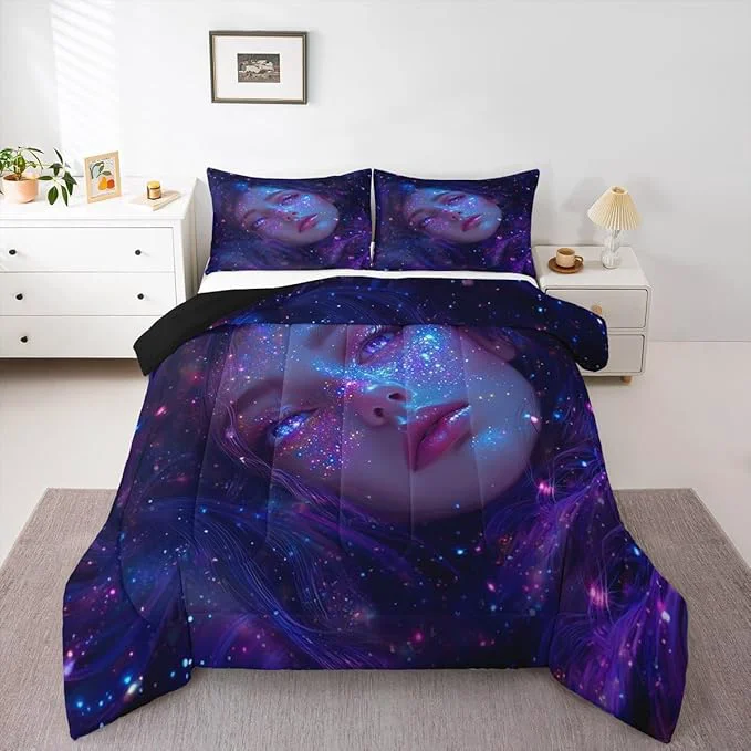 Artisan Erosebridal Japanese Bedding Sets for Girls Modern Art Fashion Girl Painting Comforter Set Galaxy Stars Print Duvet Insert Glitter Zodiac Constellation Bed Set Anime Gifts King 3Pcs Verified