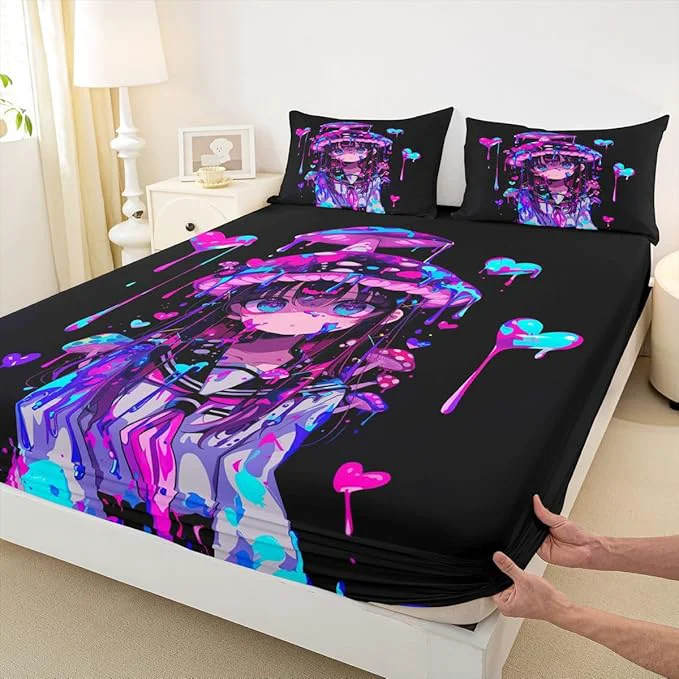 Detailed Erosebridal Mushroom Girl Fitted Sheet Queen 3D Japanese Girly Bed Sheets for Boys Girls Watercolor Graffiti Bed Set Cute Anime Gifts Sheets with 2 Pillowcases First-Class
