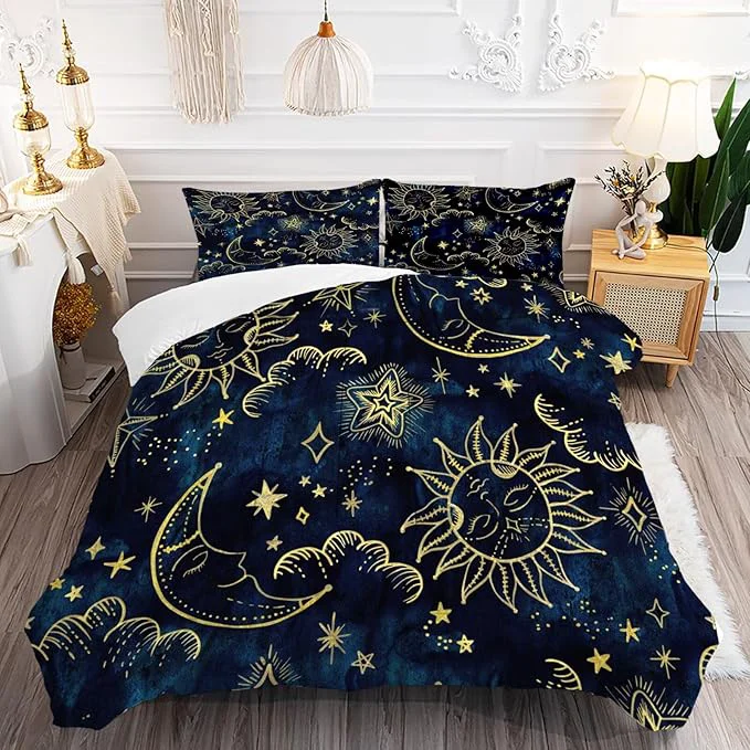 Casual Sun and Moon Comforter Set King Size Blue Gold Boho Celestial Bedding for Kids Adult Women Teens Universe Galaxy Bohemian Exotic Gothic Quilt 1 Comforter 2 Pillow Cases Next-Generation