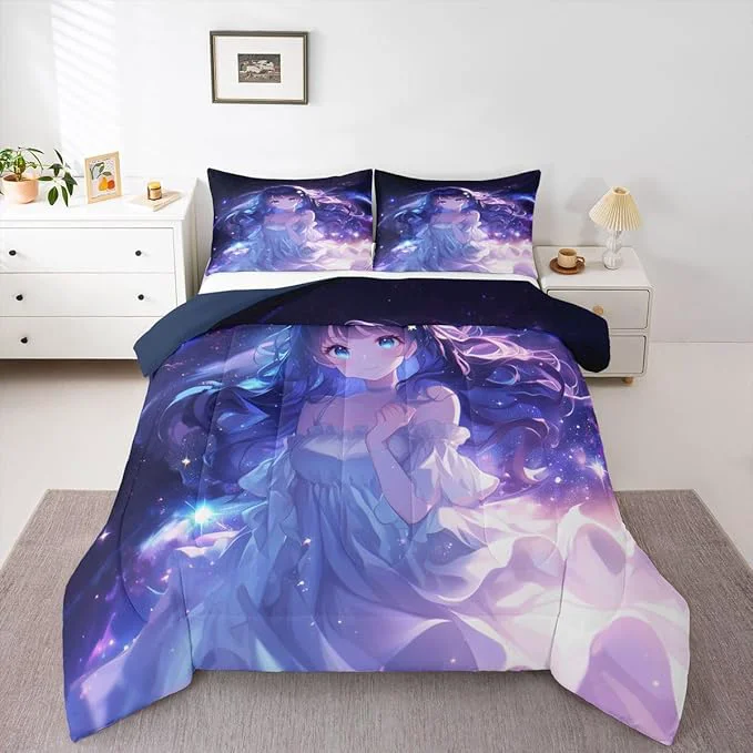 Green Erosebridal Anime Girls Bedding Anime Gifts Comforter Set for Kids Purple 3D Galaxy Printing Bedding Sets Cartoon Long Curly Hair Girly Printed Comforter Kids Kawaii Japanese Girl Bed Set Full Detailed