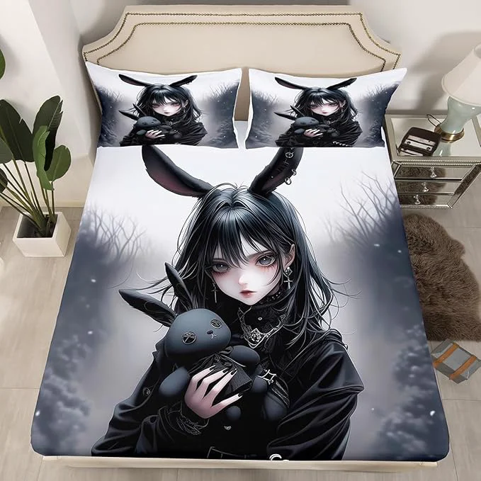 Verified Anime Fitted Sheet 3D Japanese Girl Bed Sheets Full Anime Gifts Sheets for Girls Gothic Cartoon Rabbit Print Bedding Set Exotic Style Bed Set for Room Decor Black Artisan