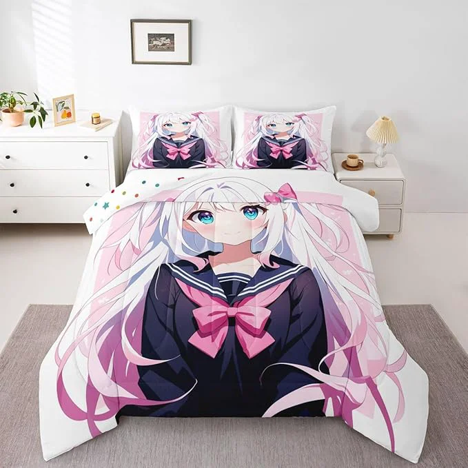 Elite Erosebridal Kawaii Japanese Girl Comforter Set Cartoon Anime Girl Bedding for Kids Boys Girls 3D Japanese Style Duvet Insert Sailor Suit Uniform Design Duvet Set Twin Size Excellent