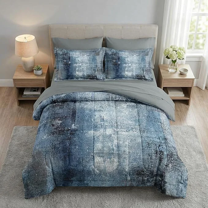 Responsible 7 Pcs King Size Comforter Set with 2 Pillowcases amp 2 Shams Navy Indigo Blue Bedding for Kids and Adults Contemporary Abstract Gray Bed in a Bag with Flat Fitted Sheet Quality