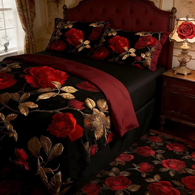 Reusable King Size Bed in A Bag for Girls 7Pcs Vintage Floral Comforter on Burgundy Back 1 Quilted Comforter 2 Pillow Cases 1 Flat Sheet 1 Fitted Sheet 2 Pillowshams Carefully Designed