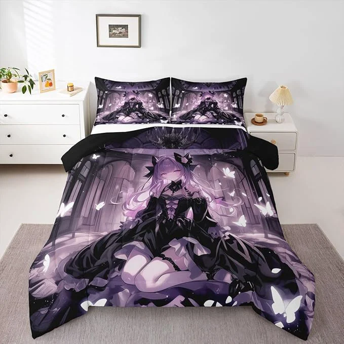 Contemporary Erosebridal 3D Girly Kids Comforter Set Japanese Girl Bedding Queen Size Anime Gifts Down Comforter Purple Dreamy Butterfly Print Duvet Set for Bedroom Healthy