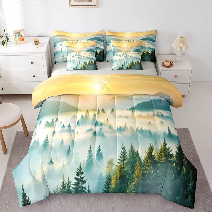 Proven Erosebridal Smoky Mountain Full Comforter Set with Sheets 7 Piece Gold Sun Sunrise Bed in A Bag Woodland Pine Tree Bedding Sets for Kids Adults Natrue Bed Set Soft