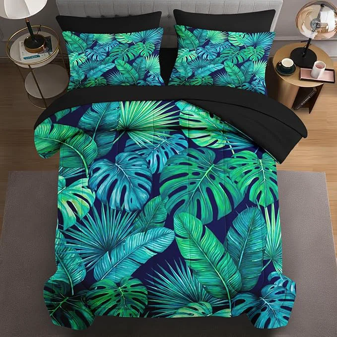Quality 7 Pcs King Size Comforter Set with 2 Pillowcases amp 2 Shams Palm Leaf Floral Bedding for Kids and Adults Turquoise Green Tropical Bed in a Bag with Flat Fitted Sheet Superior