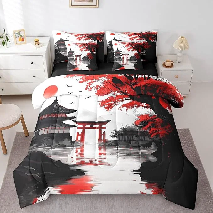 Long-Lasting Erosebridal Japanese Twin Comforter Set with Sheets 7 Piece Sun Cherry Blossom Bedding Set for Girls Women Watercolor Black Red Mountain Sakura Floral Bed in A Bag Asian Chinese Ink Sheet Set Unique