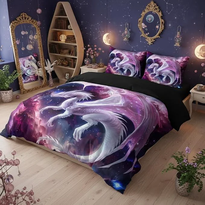 Efficient Pink White Dragon Comforter Set Twin Size Fantasy Castle Fairy Princess Bedding Set for Kids Boys Teens Women Decor 3D Animals Quilt Set Powerful