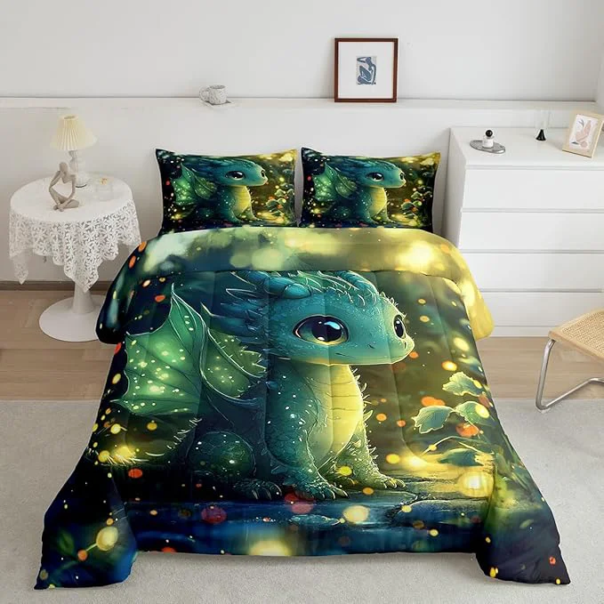 Optimized Feelyou Dragon Comforter Set Toddler Size Dragon Stuff Comforter for Boys Girls Teens Kawaii Bedding Set Dragon Decor Duvet Set Room Decor Bright Green Quilt Set First-Class