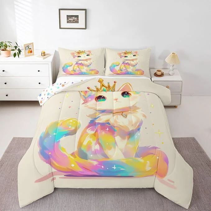 Original Cartoon Cat Comforter Set King Size Bedding Sets Watercolor 3D Anime Bed Comforter Cute Pets Toddler Comforter for Animal Lovers Enthusiast Kawaii Anime Decor Design Quilt for Girls Kids Teens Relaxed