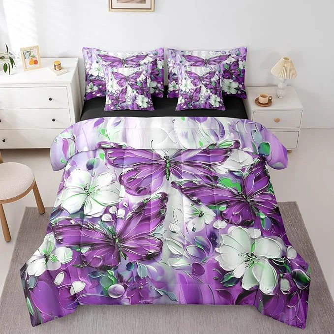 Smooth Erosebridal 7 Piece Purple Butterfly Twin Comforter Set with Sheets for Girls Teen Women White Flowers Oil Painting Boho Bed in A Bag Floral Butterfly Bedding Set Retro Bohemian Animal Bed Set Original Design