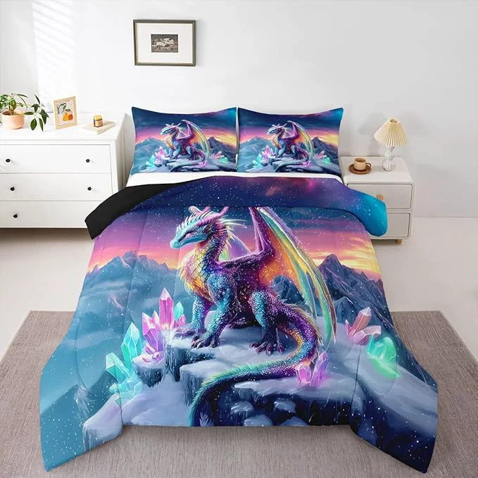 Original Design Feelyou Dragon Kids Comforter Set King Size Dragon Stuff Bedding Set Wild Life Duvet Quilt for Kids Boys Girls Bedroom Wildlife Decor Purple Bluish Microfiber Ultra Soft Breathable Expertly Made