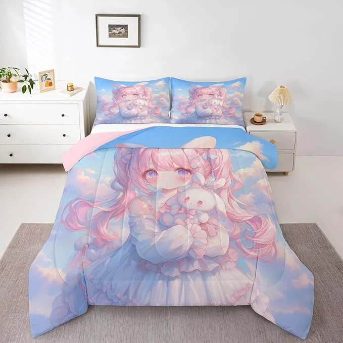 Unique Erosebridal Kawaii Girl Bedding Full 3D Anime Gifts Comforter Set Japanese Girl with Curly Hair Bed Sets Romance Style Duvet Insert 3 Pieces Fast