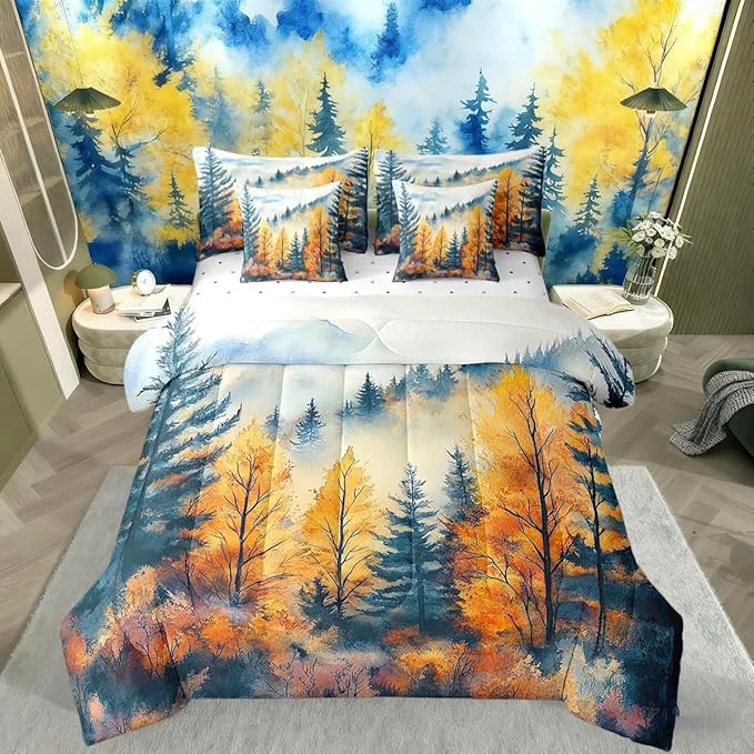 Genuine Erosebridal Pine Tree Forest Bed in A Bag Twin 7 Piece Mountain Mist Landscape Bedding Set Blue Gold Rustic Aesthetic Comforter Set with Sheets Watercolor Oil Painting Style Bed Set Proven