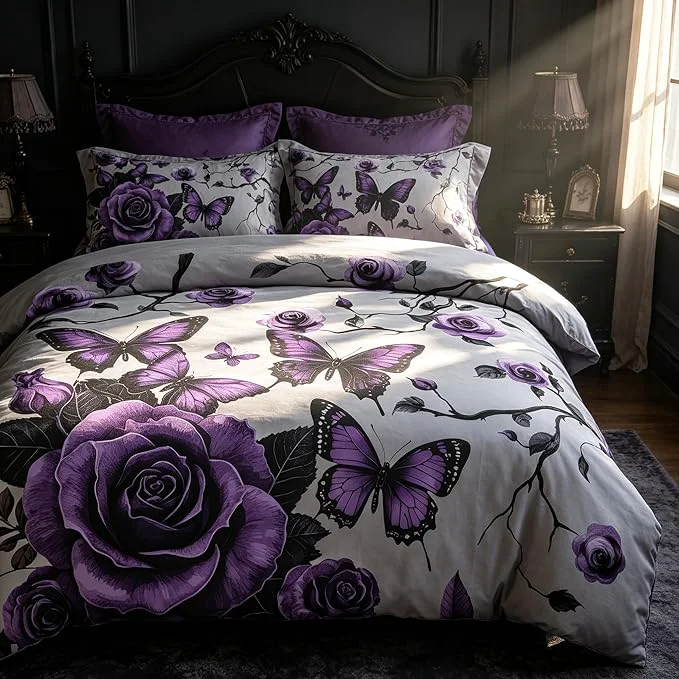 Fast Grey Vintage Comforter Set Full Size Purple Floral Bedding Set for Gothic Bedroom Decor 23 Pieces Soft Microfiber Lightweight Comforter Set with 2 Pillowcases 79 quot x90 quot Original