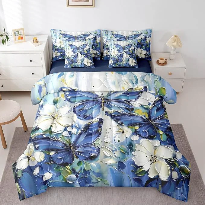 Authentic Erosebridal 7 Piece Blue Butterfly King Bedding Set with Sheets for Girls White Flowers Oil Painting Boho Bed in A Bag Retro Floral Butterfly Comforter Set Aesthetics Bohemian Animal Bed Set Green